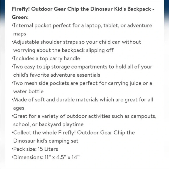 NWT Firefly! Outdoor Gear Chip the Dinosaur Kid's Backpack green 15 Liters unise - Picture 10 of 11